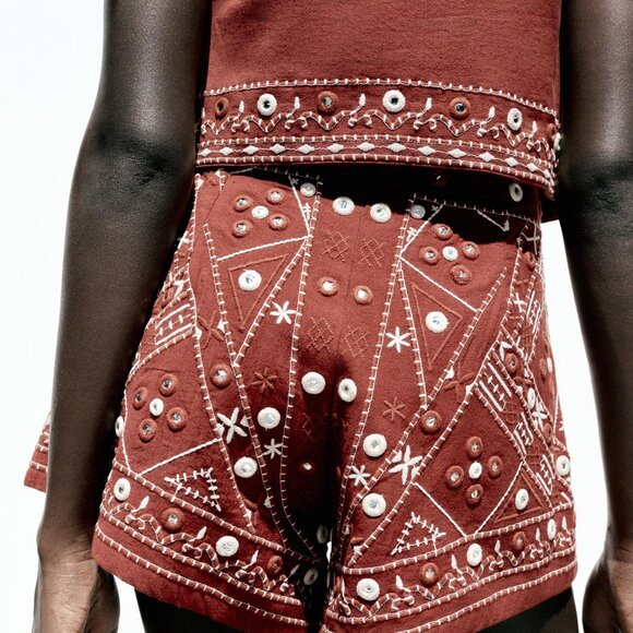 🌞 ZARA Embroidered Bermuda Shorts Terracotta Rust Red Mirror Embellished Medium - Picture 2 of 15